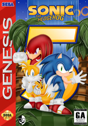 Size: 560x800 | Tagged: safe, artist:xamoel, knuckles the echidna, miles "tails" prower, sonic the hedgehog, 2010, abstract background, box art, character name, english text, palm tree, ring, standing, team sonic, trio, waterfall