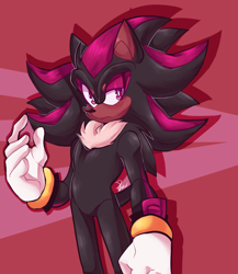 Size: 2320x2678 | Tagged: safe, artist:pickleuwu, shadow the hedgehog, abstract background, blushing, frown, looking offscreen, shadow (lighting), signature, solo, standing