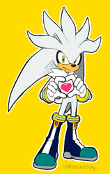 Size: 600x949 | Tagged: safe, artist:unknownspy, silver the hedgehog, heart, heart hands, looking at viewer, outline, signature, simple background, smile, solo, standing, yellow background