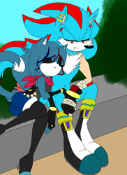 Size: 1070x1472 | Tagged: safe, artist:gothic-jackal-cutie, oc, oc:breeze the hedgefox, oc:delphine the cat, cat, hybrid, abstract background, couple, cuddling, duo, hedgefox, oc x oc, straight