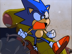 Size: 640x483 | Tagged: safe, artist:thehoraco, sonic the hedgehog, sonic the ova, abstract background, annoyed, beach, male, meme, mouth open, redraw, shut up tails, sitting, solo