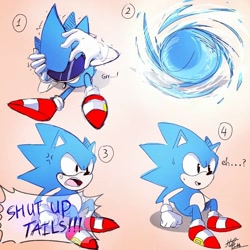 Size: 768x768 | Tagged: safe, artist:jaokaly, sonic the hedgehog, sonic the ova, 2019, annoyed, cross popping vein, dialogue, english text, gradient background, male, meme, mouth open, redraw, shut up tails, solo, sunglasses, sweatdrop