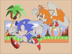 Size: 1920x1440 | Tagged: safe, artist:radical dreamcaster, miles "tails" prower, sonic the hedgehog, sonic the ova, 2020, abstract background, classic sonic, classic tails, duo, flying, holding hands, loop, male, males only, palm tree, redraw, running, spinning tails, style emulation, sweatdrop