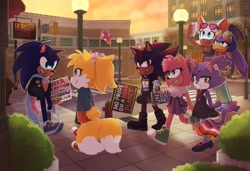 Size: 1754x1200 | Tagged: safe, artist:rayactivefactory, amy rose, blaze the cat, flicky, miles "tails" prower, rouge the bat, shadow the hedgehog, sonic the hedgehog, wave the swallow, 2022, abstract background, amy x blaze, badge, bisexual, bisexual pride, brian, cape, daisy, demiboy, demiboy pride, demigirl, demigirl pride, female, flag, group, hoodie, jacket, lesbian, lesbian pride, lily, nonbinary, nonbinary pride, outdoors, pansexual, pansexual pride, pants, phone, pride, pride flag, selfie, shipping, shirt, skirt, smile, standing, station square, sunset, trans female, trans girl tails, trans male, trans pride, transgender, walking, wall of tags, wavouge