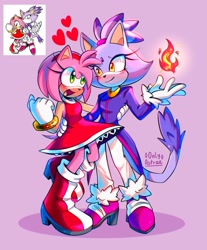 Size: 1698x2048 | Tagged: safe, artist:onlyastraa, amy rose, blaze the cat, cat, hedgehog, 2022, amy x blaze, amy's halterneck dress, blaze's tailcoat, cute, female, females only, flame, lesbian, redraw, shipping