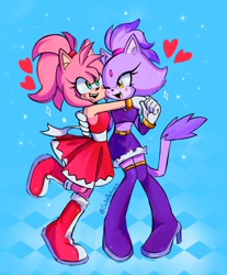 Size: 1698x2048 | Tagged: safe, artist:onlyastraa, amy rose, blaze the cat, cat, hedgehog, amy x blaze, cute, female, females only, hearts, hugging, lesbian, shipping