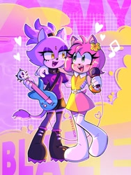 Size: 1536x2048 | Tagged: safe, artist:onlyastraa, amy rose, blaze the cat, cat, hedgehog, cute, female, females only, guitar, hand on shoulder, hearts, hihi puffy amiyumi, lesbian, microphone, shipping