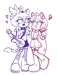 Size: 1434x1856 | Tagged: safe, artist:onlyastraa, amy rose, blaze the cat, cat, hedgehog, cute, female, females only, guitar, hand on shoulder, hearts, hihi puffy amiyumi, lesbian, microphone, shipping, sketch