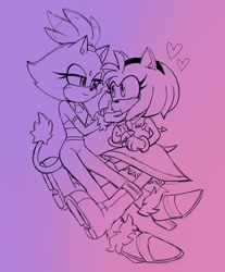 Size: 1698x2048 | Tagged: safe, artist:onlyastraa, amy rose, blaze the cat, cat, hedgehog, amy x blaze, cute, female, females only, hand on chin, hearts, lesbian, shipping, sketch