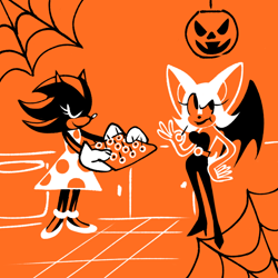 Size: 768x768 | Tagged: safe, artist:lazarus171, rouge the bat, shadow the hedgehog, bat, hedgehog, 80s, abstract background, carved pumpkin, dress, duo, eating, featured image, female, genderfluid, halloween, holding something, kitchen, pumpkin, smile, spider web, tray