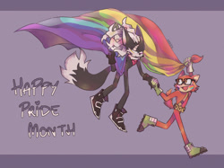 Size: 2048x1531 | Tagged: safe, artist:ka5ien, gadget the wolf, infinite the jackal, jackal, wolf, sonic forces, demisexual, demisexual pride, duo, english text, facepaint, flying, gay, genderfluid, genderfluid pride, headcanon, holding hands, holding something, looking at each other, mouth open, nonbinary, nonbinary pride, pansexual, pansexual pride, pride, pride flag, purple background, rookinite, running, shipping, simple background, smile