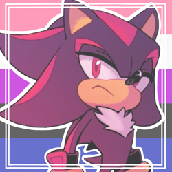 Size: 1533x1533 | Tagged: safe, artist:homophobic-sonic, shadow the hedgehog, hedgehog, abstract background, edit, frown, genderfluid, genderfluid pride, icon, lidded eyes, looking offscreen, outline, pride flag background, solo, standing