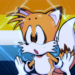 Size: 768x768 | Tagged: safe, artist:homophobic-sonic, miles "tails" prower, fox, ace, aro ace pride, aromantic, classic tails, edit, freckles, icon, looking offscreen, male, mouth open, one fang, pride flag background, solo