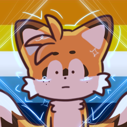 Size: 768x768 | Tagged: safe, artist:homophobic-sonic, miles "tails" prower, fox, ace, aro ace pride, aromantic, edit, freckles, frown, icon, looking at viewer, male, pride flag background, shrunken pupils, solo
