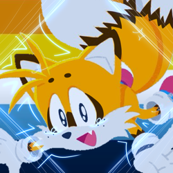 Size: 768x768 | Tagged: safe, artist:homophobic-sonic, miles "tails" prower, fox, ace, aro ace pride, aromantic, edit, freckles, icon, looking at viewer, male, mouth open, one fang, pride flag background, smile, solo