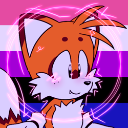 Size: 768x768 | Tagged: safe, artist:homophobic-sonic, miles "tails" prower, fox, edit, freckles, genderfluid, genderfluid pride, icon, looking offscreen, male, one fang, pride flag background, smile, solo