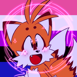 Size: 768x768 | Tagged: safe, artist:homophobic-sonic, miles "tails" prower, fox, edit, freckles, genderfluid, genderfluid pride, icon, looking up, male, mouth open, one fang, pride flag background, smile, solo