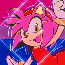 Size: 768x768 | Tagged: safe, artist:homophobic-sonic, amy rose, hedgehog, bisexual, bisexual pride, female, icon, looking at viewer, mouth open, pride flag background, smile, solo