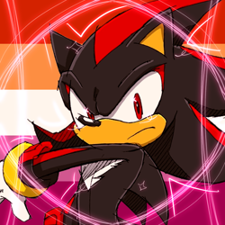Size: 768x768 | Tagged: safe, artist:homophobic-sonic, shadow the hedgehog, hedgehog, edit, frown, icon, lesbian pride, looking at viewer, male, pride, pride flag background, solo, standing