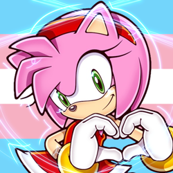 Size: 768x768 | Tagged: safe, artist:homophobic-sonic, amy rose, hedgehog, female, heart hands, icon, looking at viewer, pride flag background, smile, solo, trans female, trans pride, transgender