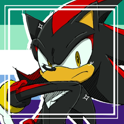Size: 768x768 | Tagged: safe, artist:homophobic-sonic, shadow the hedgehog, hedgehog, edit, frown, gay, icon, looking at viewer, male, mlm pride, pride flag background, solo, standing
