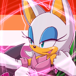 Size: 768x768 | Tagged: safe, artist:homophobic-sonic, rouge the bat, bat, edit, female, icon, lesbian, lesbian pride, looking offscreen, mouth open, pride, pride flag background, smile, solo