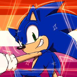 Size: 768x768 | Tagged: safe, artist:homophobic-sonic, sonic the hedgehog, hedgehog, clenched teeth, edit, icon, lesbian pride, looking at viewer, male, pride, pride flag background, smile, solo