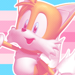 Size: 350x350 | Tagged: safe, artist:dogboy-pride-time, miles "tails" prower, fox, sonic heroes, 3d, edit, female, icon, looking offscreen, mouth open, outline, pride flag background, smile, solo, trans female, trans pride, transfem pride, transgender