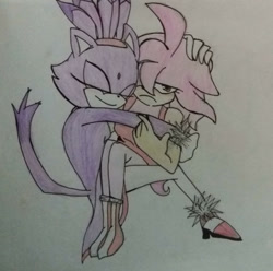Size: 1024x1017 | Tagged: safe, artist:kass79, amy rose, blaze the cat, cat, hedgehog, 2018, amy x blaze, annoyed, blaze's tailcoat, cute, drunk, eyes closed, female, females only, hugging, traditional media