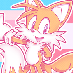 Size: 350x350 | Tagged: safe, artist:dogboy-pride-time, miles "tails" prower, fox, edit, female, icon, looking offscreen, mouth open, outline, pride flag background, sapphic, sapphic pride, smile, solo, trans female, trans pride, transfem pride, transgender