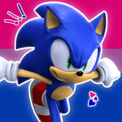 Size: 828x828 | Tagged: safe, artist:hiddenvhs, sonic the hedgehog, hedgehog, 3d, bisexual, bisexual pride, edit, exclamation mark, glowing, heart, icon, looking ahead, male, outline, pride flag background, running, smile, solo