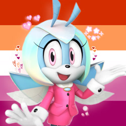 Size: 1708x1708 | Tagged: safe, artist:hiddenvhs, jewel the beetle, beetle, 3d, edit, female, heart, icon, lesbian, lesbian pride, looking at viewer, mouth open, pride, pride flag background, purple eyes, smile, solo, star (symbol)