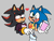Size: 1668x1252 | Tagged: safe, artist:weirdozjunkary, shadow the hedgehog, sonic the hedgehog, hedgehog, bag, blushing, clenched teeth, drink, duo, flat colors, gay, grey background, heart, holding something, lidded eyes, looking away, looking offscreen, male, males only, mouth open, shadow x sonic, shipping, shirt, simple background, smile, standing, tank top, wink