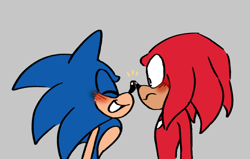 Size: 966x614 | Tagged: safe, artist:weirdozjunkary, knuckles the echidna, sonic the hedgehog, echidna, hedgehog, blushing, duo, eyes closed, flat colors, frown, gay, grey background, knuxonic, looking at them, male, males only, nose boop, shipping, simple background, smile