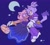 Size: 2048x1861 | Tagged: safe, artist:sonicattos, amy rose, blaze the cat, cat, hedgehog, amy x blaze, blue background, blushing, clothes, dress, duo, eyelashes, hammer, holding something, lesbian, looking at each other, moon, one fang, pants, piko piko hammer, shipping, simple background, smile, star (symbol), yellow sclera