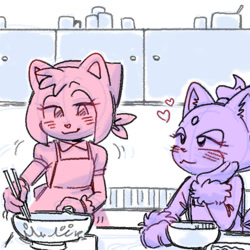 Size: 671x671 | Tagged: safe, artist:bl00doodle, amy rose, blaze the cat, cat, hedgehog, abstract background, amy x blaze, amybetes, apron, blazebetes, blushing, bowl, cute, duo, female, females only, head rest, heart, heart nose, kitchen, lesbian, lidded eyes, looking at something, looking at them, mixing, shipping, sitting, smile, standing