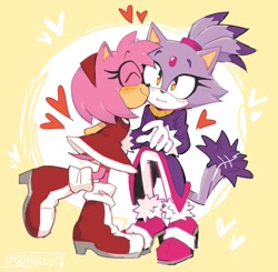 Size: 1440x1413 | Tagged: safe, artist:zan0tix, amy rose, blaze the cat, cat, hedgehog, abstract background, amy x blaze, blushing, duo, female, females only, frown, heart, kiss on cheek, lesbian, shipping, smile, standing, surprised, wagging tail
