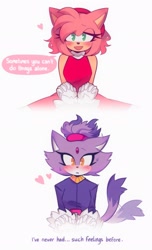 Size: 1243x2048 | Tagged: safe, artist:minxinq, amy rose, blaze the cat, cat, hedgehog, 2022, amy x blaze, amy's halterneck dress, blaze's tailcoat, blushing, cute, english text, female, females only, heart, holding hands, lesbian, shipping