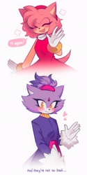Size: 1021x2048 | Tagged: safe, artist:minxinq, amy rose, blaze the cat, cat, hedgehog, 2022, amy x blaze, amy's halterneck dress, blaze's tailcoat, blushing, cute, english text, eyes closed, female, females only, hearts, lesbian, shipping, waving