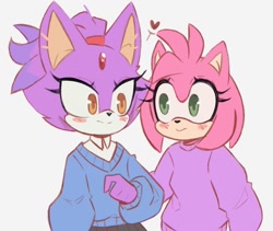 Size: 1200x1011 | Tagged: safe, artist:remimun, amy rose, blaze the cat, cat, hedgehog, blushing, cute, duo, female, females only, gloves off, grey background, heart, looking at each other, oversized, simple background, smile, standing, sweater