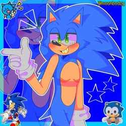 Size: 2000x2000 | Tagged: safe, artist:moonbuddyz, sonic the hedgehog, hedgehog, abstract background, blushing, lidded eyes, looking offscreen, male, outline, pointing, reference inset, smile, solo, star (symbol), top surgery scars, trans male, transgender, walking