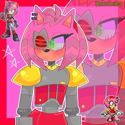 Size: 1440x1440 | Tagged: safe, artist:moonbuddyz, amy rose, hedgehog, sonic prime, abstract background, blushing, cyborg, ear piercing, echo background, female, frown, glowing eyes, looking offscreen, outline, partially roboticized, reference inset, rusty rose, solo, standing, star (symbol)