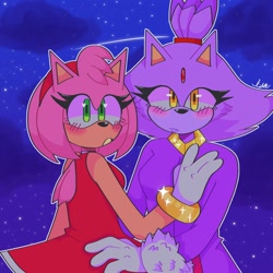 Size: 2000x2000 | Tagged: safe, artist:moonbuddyz, amy rose, blaze the cat, cat, hedgehog, abstract background, amy x blaze, blushing, duo, female, females only, frown, lesbian, looking offscreen, nighttime, outdoors, outline, shipping, shooting star, signature, standing