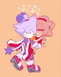 Size: 1621x2048 | Tagged: safe, artist:silver-varian, amy rose, blaze the cat, cat, hedgehog, amy x blaze, blushing, blushing ears, carrying them, duo, eyes closed, female, females only, hearts, holding each other, kiss, lesbian, orange background, sfx, shipping, simple background, wagging tail, walking