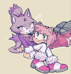 Size: 1218x1256 | Tagged: safe, artist:bl00doodle, amy rose, blaze the cat, cat, hedgehog, :3, amy x blaze, amybetes, beige background, blazebetes, blushing, cute, duo, female, females only, lesbian, looking at viewer, redraw, shipping, simple background, sitting