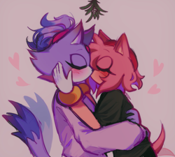 Size: 2047x1840 | Tagged: safe, artist:minxinq, amy rose, blaze the cat, cat, hedgehog, amy x blaze, blushing, blushing ears, christmas, duo, eyes closed, female, females only, grey background, hearts, holding each other, kiss, lesbian, mistletoe, shipping, simple background, standing, wagging tail