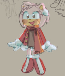 Size: 962x1117 | Tagged: safe, artist:bl00doodle, amy rose, hedgehog, alternate eye color, amybetes, beige background, blushing, boots, brown eyes, clothes, coat, cute, female, looking offscreen, mouth open, scarf, simple background, sketch, smile, solo, standing, winter outfit