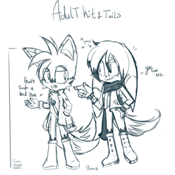 Size: 2048x2048 | Tagged: safe, artist:galaxy-petals, kit the fennec, miles "tails" prower, fox, adult, aged up, chibi, clothes, dialogue, duo, english text, fennec, gay, kitails, lidded eyes, looking at each other, male, males only, mouth open, older, shipping, simple background, smile, standing, talking, white background