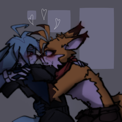 Size: 1000x1000 | Tagged: safe, artist:sparkysayy, kit the fennec, miles "tails" prower, fox, abstract background, awkward, bandana, blushing, clenched teeth, duo, fennec, gay, heart, holding each other, hoodie, kitails, looking at each other, male, males only, messy fur, nose boop, older, shipping, sweatdrop, whiskers