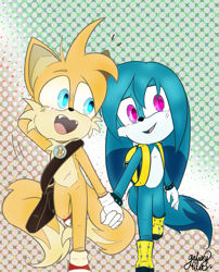 Size: 1615x1999 | Tagged: safe, artist:galaxy-petals, kit the fennec, miles "tails" prower, fox, abstract background, badge, bag, belt, blushing, chibi, cute, duo, fennec, gay, holding hands, kitabetes, kitails, looking at them, male, males only, mouth open, shipping, signature, smile, tailabetes, walking
